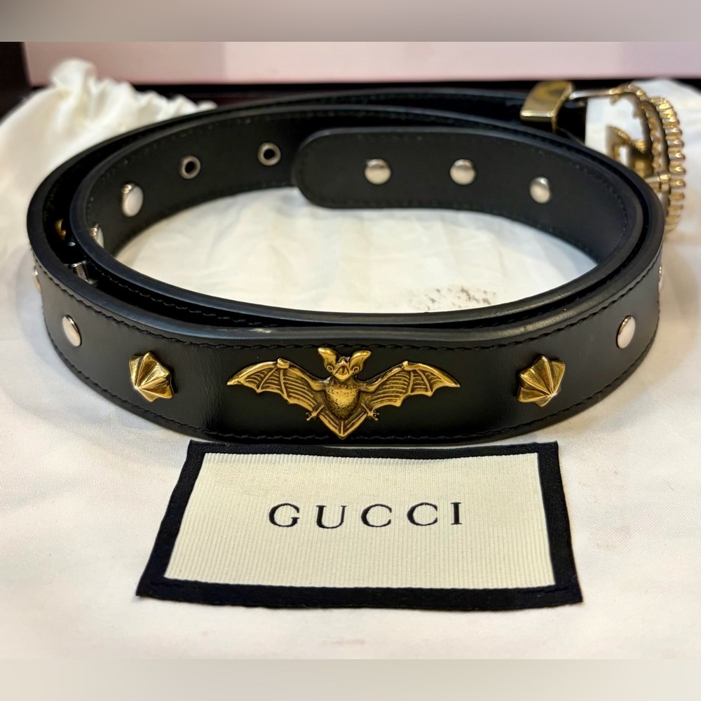 GUCCI Black Leather Double G Buckle Studded Belt Accents and Bat Detail🔥 EUC!! - Picture 8 of 16